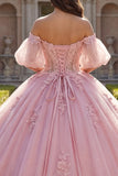 Pink Off the Shoulder Appliqued Ball Gown Quinceanera Dress with Puff Sleeves