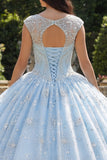 Sky Blue Beaded Ball Gown Illusion Neck Quinceanera Dress