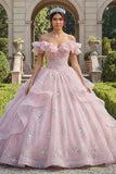 Off the Shoulder Pink Glitter Ruffled Ball Gown Quinceanera Dress