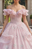Off the Shoulder Pink Glitter Ruffled Ball Gown Quinceanera Dress