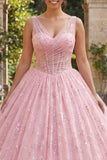 Glitter Pink Ball Gown Corset V Neck Quinceanera Dress