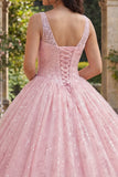 Glitter Pink Ball Gown Corset V Neck Quinceanera Dress