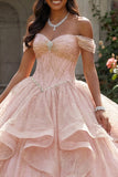Off the Shoulder Glitter Pink Ball Gown Beaded Ruffled Quinceanera Dress