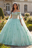 Light Green Beaded Ball Gown Off the Shoulder Corset 3D Flower Quinceanera Dress with Cape Sleeves