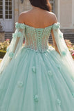 Light Green Beaded Ball Gown Off the Shoulder Corset 3D Flower Quinceanera Dress with Cape Sleeves
