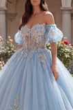 Sky Blue Ball Gown Off the Shoulder Appliqued Corset Quinceanera Dress with Puff Sleeves