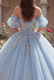 Sky Blue Ball Gown Off the Shoulder Appliqued Corset Quinceanera Dress with Puff Sleeves
