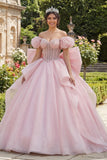 Ball Gown Pink Beaded Corset Off the Shoulder Quinceanera Dress with Large Bow