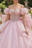 Ball Gown Pink Beaded Corset Off the Shoulder Quinceanera Dress with Large Bow