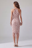 Sparkly Blush Bodycon Ruffled Beaded Midi Halter Cocktail Dress with Fringes