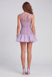 Sparkly Lilac Beaded Round Neck Short Cocktail Dress with Ruffles