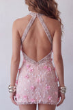 Sparkly Pink Halter Floral Beaded Tight Short Open Back Cocktail Dress