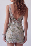 Sparkly Dusty Sage V-Neck Floral Tight Short Beaded Corset Cocktail Dress