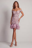 Off the Shoulder Sparkly Lilac Beaded Short Cocktail Dress with Ruffles