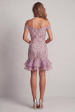 Off the Shoulder Sparkly Lilac Beaded Short Cocktail Dress with Ruffles