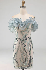 Sparkly Dusty Blue Strapless Beaded Tight Short Cocktail Dress with Ruffles
