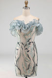 Sparkly Dusty Blue Strapless Beaded Tight Short Cocktail Dress with Ruffles