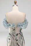Sparkly Dusty Blue Strapless Beaded Tight Short Cocktail Dress with Ruffles
