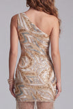 Sparkly Champagne One Shoulder Beaded Tight Short Cocktail Dress with Fringes