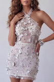 Sparkly Silver Floral Halter Beaded Open Back Tight Short Cocktail Dress