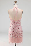 Sparkly Blush Tight Short Ruffled Beaded Halter Cocktail Dress with Fringes