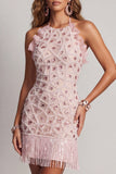 Sparkly Blush Tight Short Ruffled Beaded Halter Cocktail Dress with Fringes