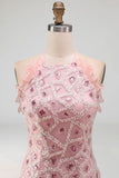 Sparkly Blush Tight Short Ruffled Beaded Halter Cocktail Dress with Fringes