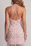 Sparkly Blush Tight Short Ruffled Beaded Halter Cocktail Dress with Fringes