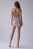 Sparkly Silver Open Back High Neck Beaded Tight Short Cocktail Dress