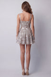 Sparkly Grey Square Neck A Line Floral Beaded Short Cocktail Dress