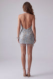Sparkly Grey Blue Halter Beaded Backless Tight Short Cocktail Dress with Fringes