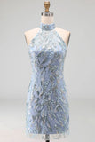 Sparkly Grey Blue Halter Tight Short Beaded Cocktail Dress