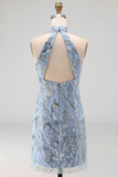 Sparkly Grey Blue Halter Tight Short Beaded Cocktail Dress