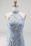 Sparkly Grey Blue Halter Tight Short Beaded Cocktail Dress