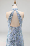 Sparkly Grey Blue Halter Tight Short Beaded Cocktail Dress