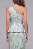 One Shoulder Light Green Floral Mermaid Formal Dress