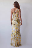 One Shoulder Light Yellow Floral Pleated Mermaid Formal Dress