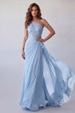 One Shoulder Sky Blue Appliqued Chiffon Formal Dress with Streamer