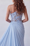 One Shoulder Sky Blue Appliqued Chiffon Formal Dress with Streamer