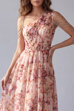 One Shoulder Pink Floral A Line Formal Dress