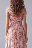 One Shoulder Pink Floral A Line Formal Dress