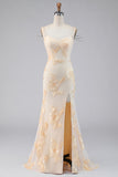 Light Yellow Floral Mermaid Formal Dress with Rhinestone Chain Straps