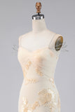 Light Yellow Floral Mermaid Formal Dress with Rhinestone Chain Straps
