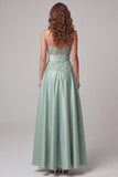 Green Spaghetti Straps Appliqued A Line Satin Formal Dress