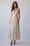 Champagne A-Line Ruched V-Neck Printed Beaded Formal Dress with Cap Sleeves