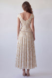 Champagne A-Line Ruched V-Neck Printed Beaded Formal Dress with Cap Sleeves