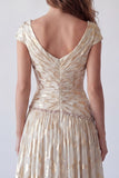 Champagne A-Line Ruched V-Neck Printed Beaded Formal Dress with Cap Sleeves