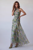 Dusty Sage Chiffon A-Line Ruched Floral Halter Neck Long Formal Dress