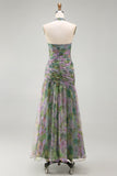 Dusty Sage Chiffon A-Line Ruched Floral Halter Neck Long Formal Dress