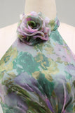 Dusty Sage Chiffon A-Line Ruched Floral Halter Neck Long Formal Dress